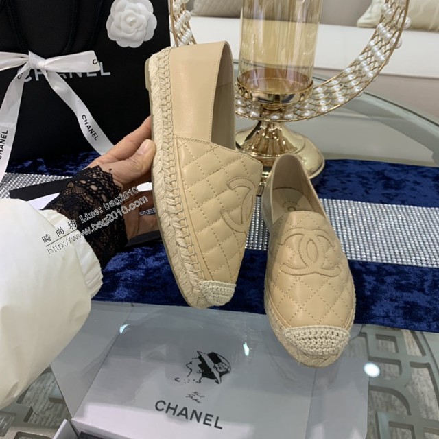 chanel2022最新頂級綿羊皮單鞋 香奈兒杏皮電繡拼色漁夫鞋 dx3520